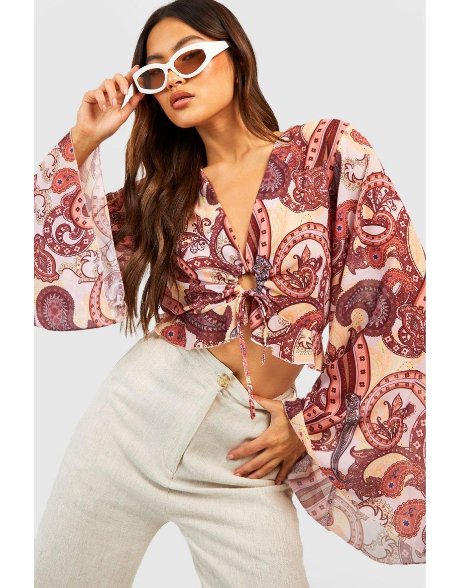 Printed Wide Sleeve Ring Detail Crop Top - terracotta