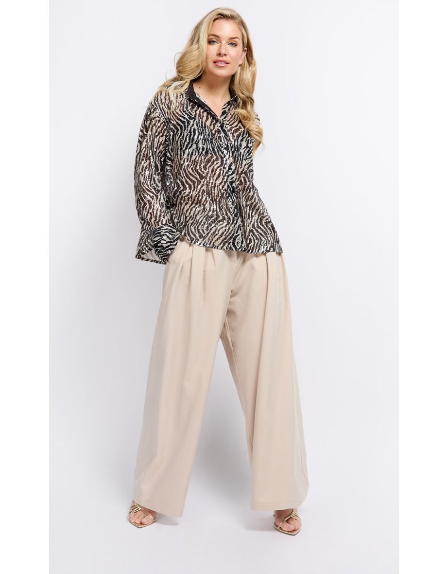 Beige Pleat Wide Leg Trousers by Vogue Williams