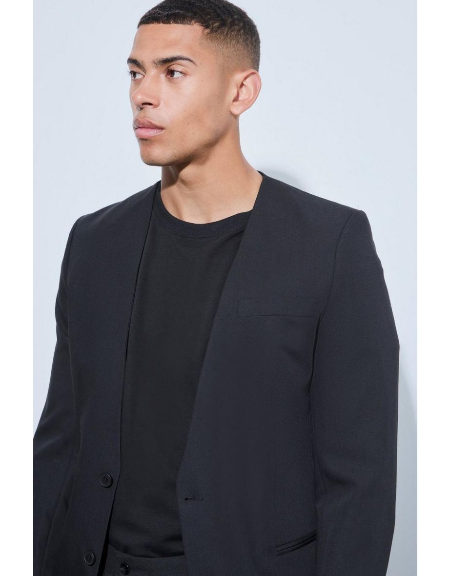 Skinny Fit Collarless Single Breasted Blazer - black - 2