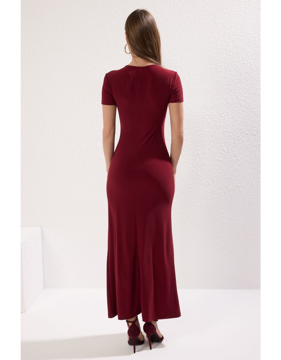 Burgundy Short Sleeve Bodysitting Crew Neck Stretchy Knitted Maxi Pencil Dress - 3
