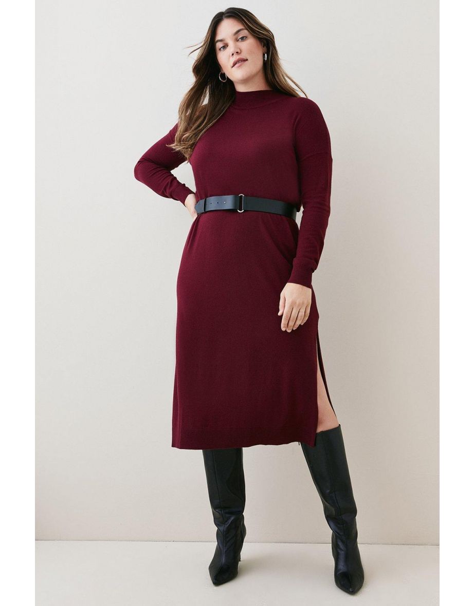 Plus Size Cashmere Blend Funnel Neck Belted Midi Dress