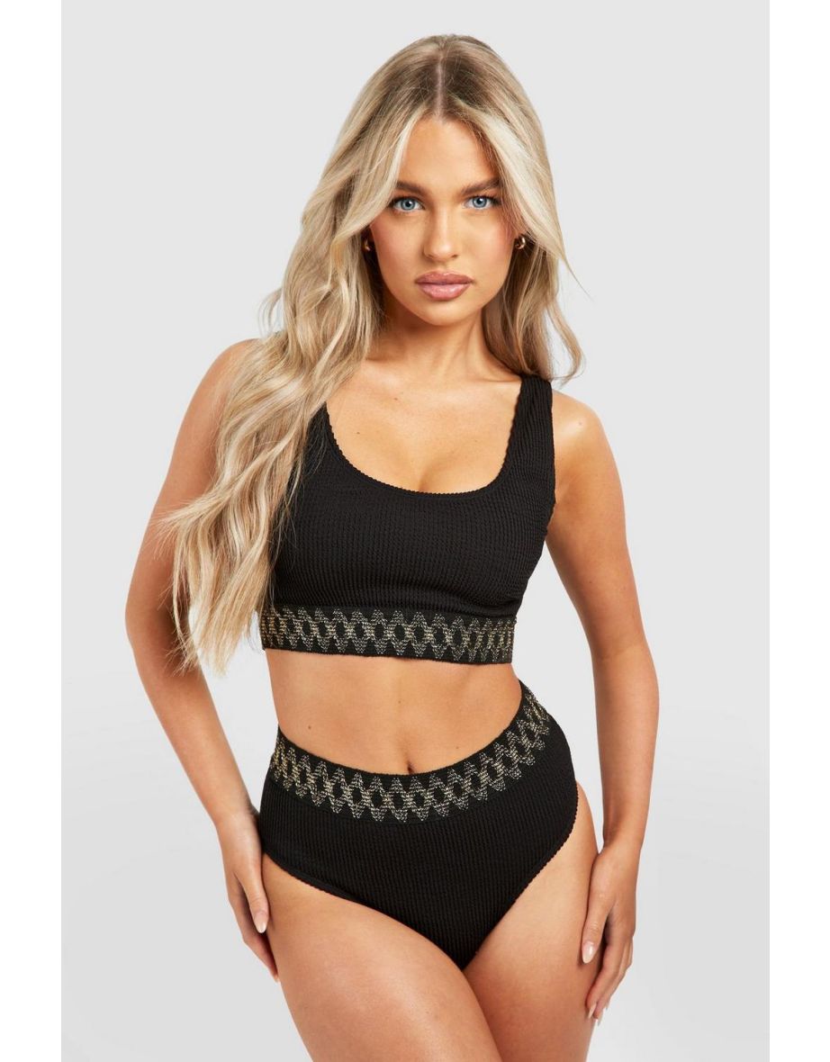 Embroidered Tape Crinkle Scoop Bikini Top - black