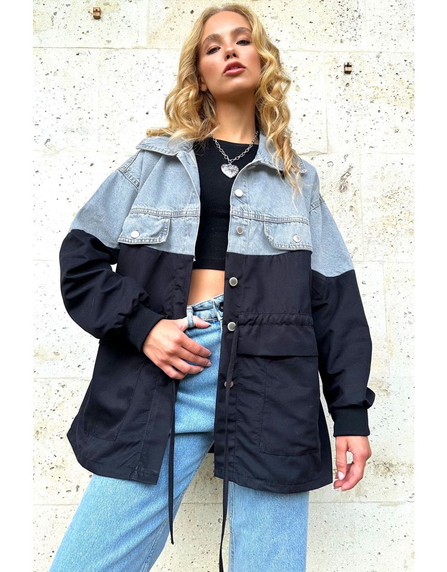 Women's Black Four Pocket Parachute Garnish Oversize Jean Jacket