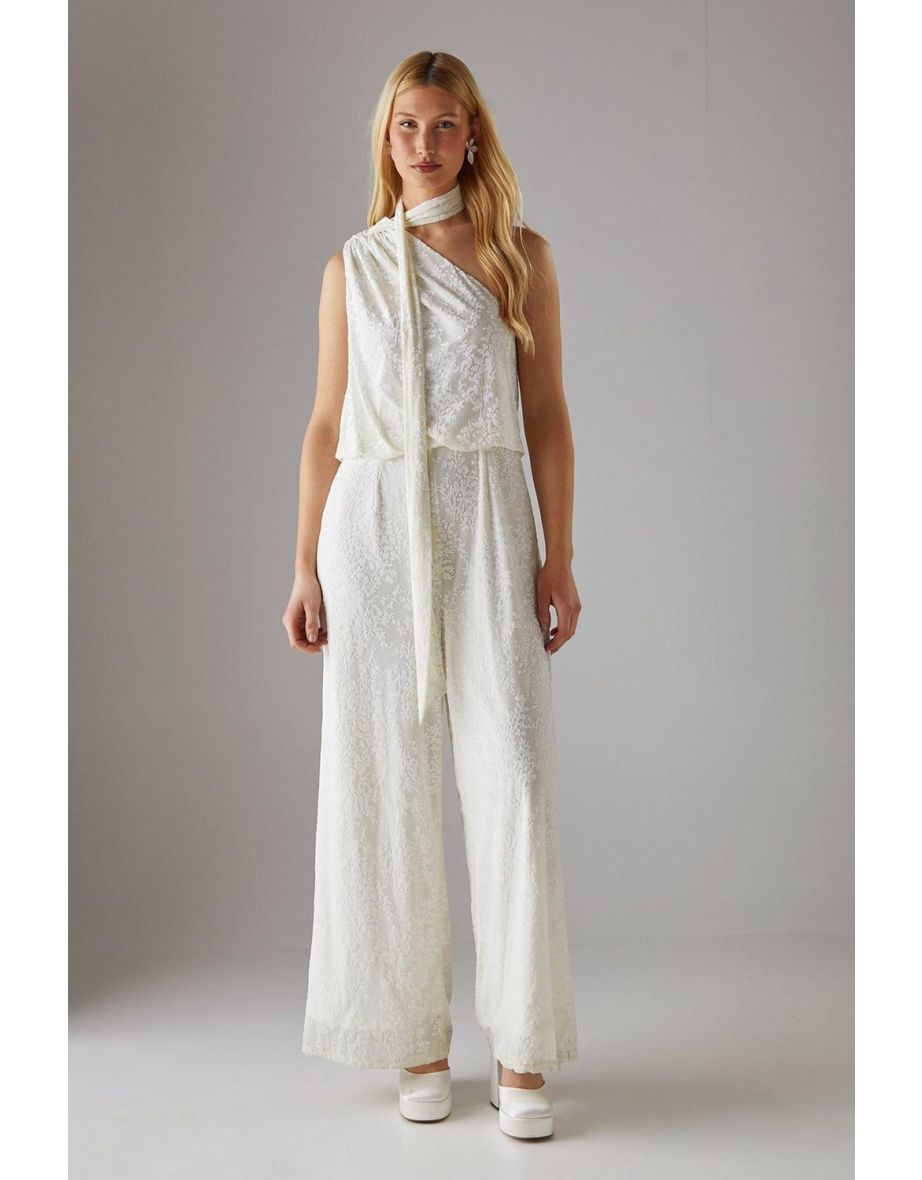 Devore One Shoulder Scarf Neck Jumpsuit