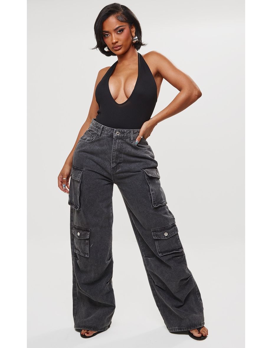 Shape Black Ribbed Halterneck Plunge Bodysuit