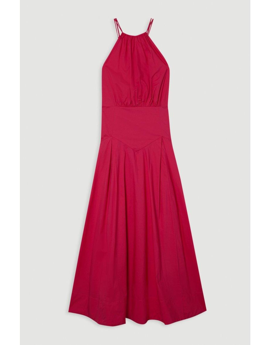 Cotton Halter Neck Woven Midi Dress With Dropped Waist Detail - 3