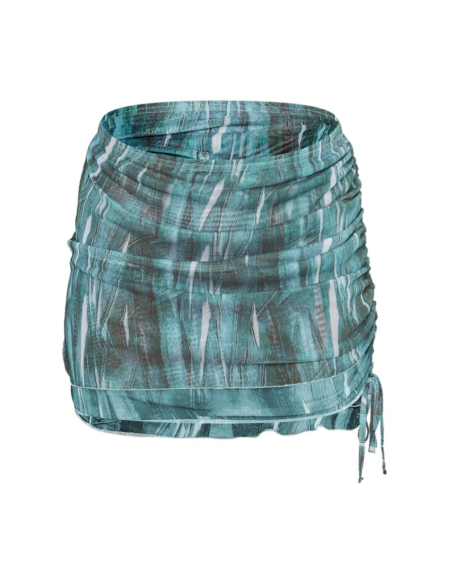 Green Denim Print Mesh Ruched Micro Mini Skirt - 5