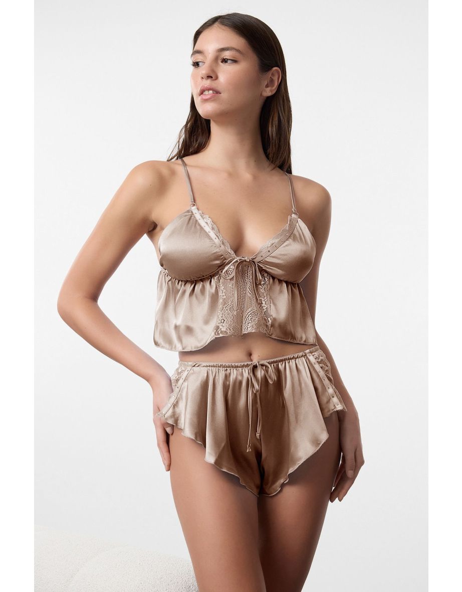 Bronze Satin Stone, Lace Tie/Ribbon/Bow Detailed Coverless Lingerie Sets