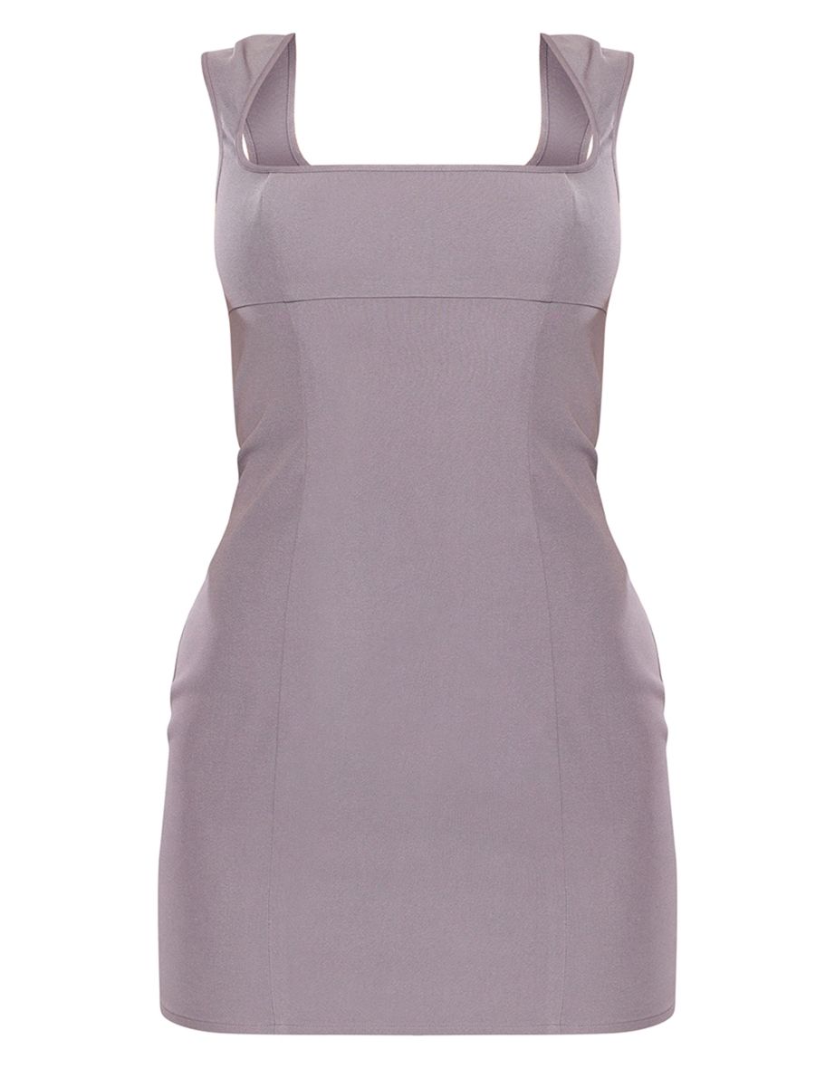 Grey Stretch Woven Lace Back Sqaure Neck Mini Dress - 4