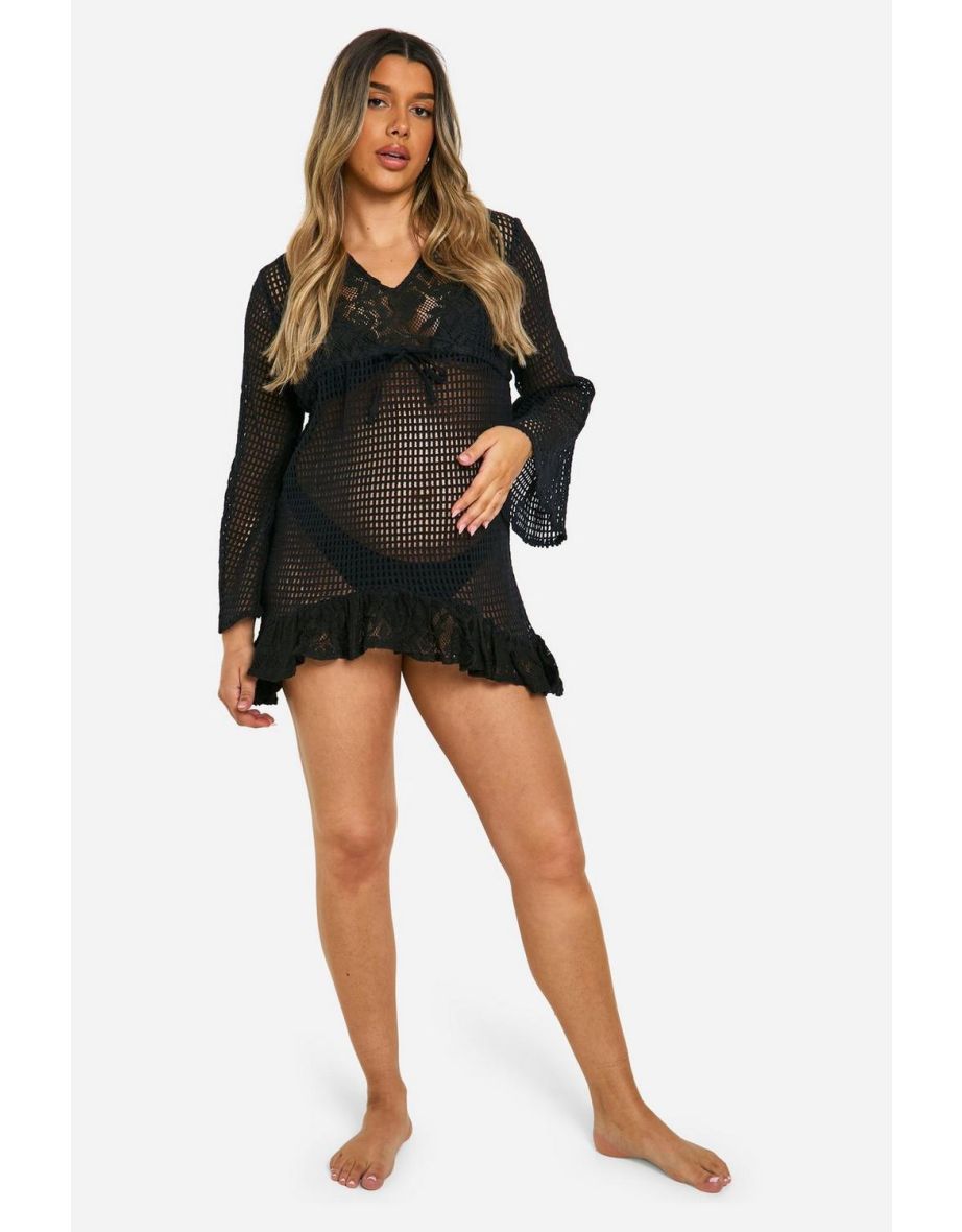 Maternity Crochet Lace Trim Beach Dress - black