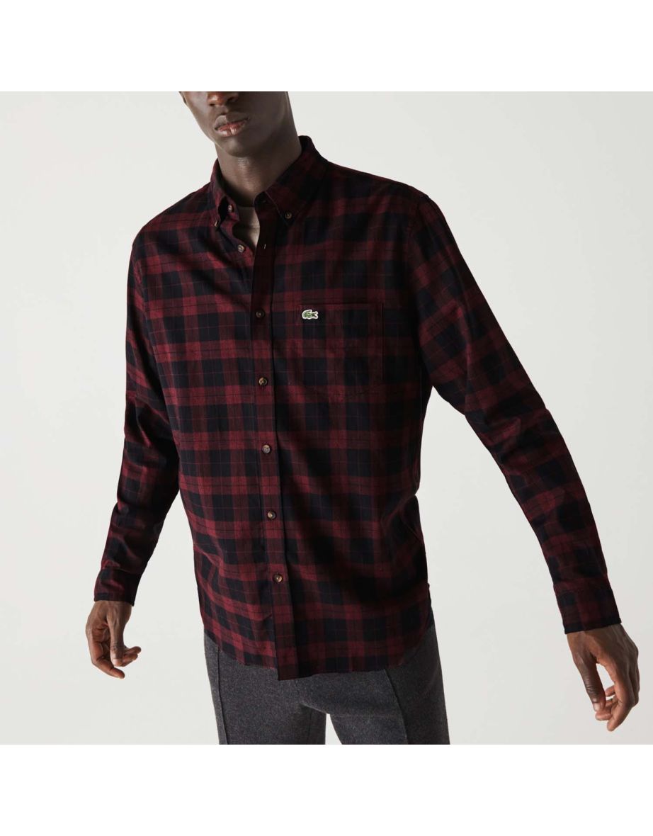 Men's Lacoste Regular Fit Cotton Twill Checkered Shirt in Black - 5