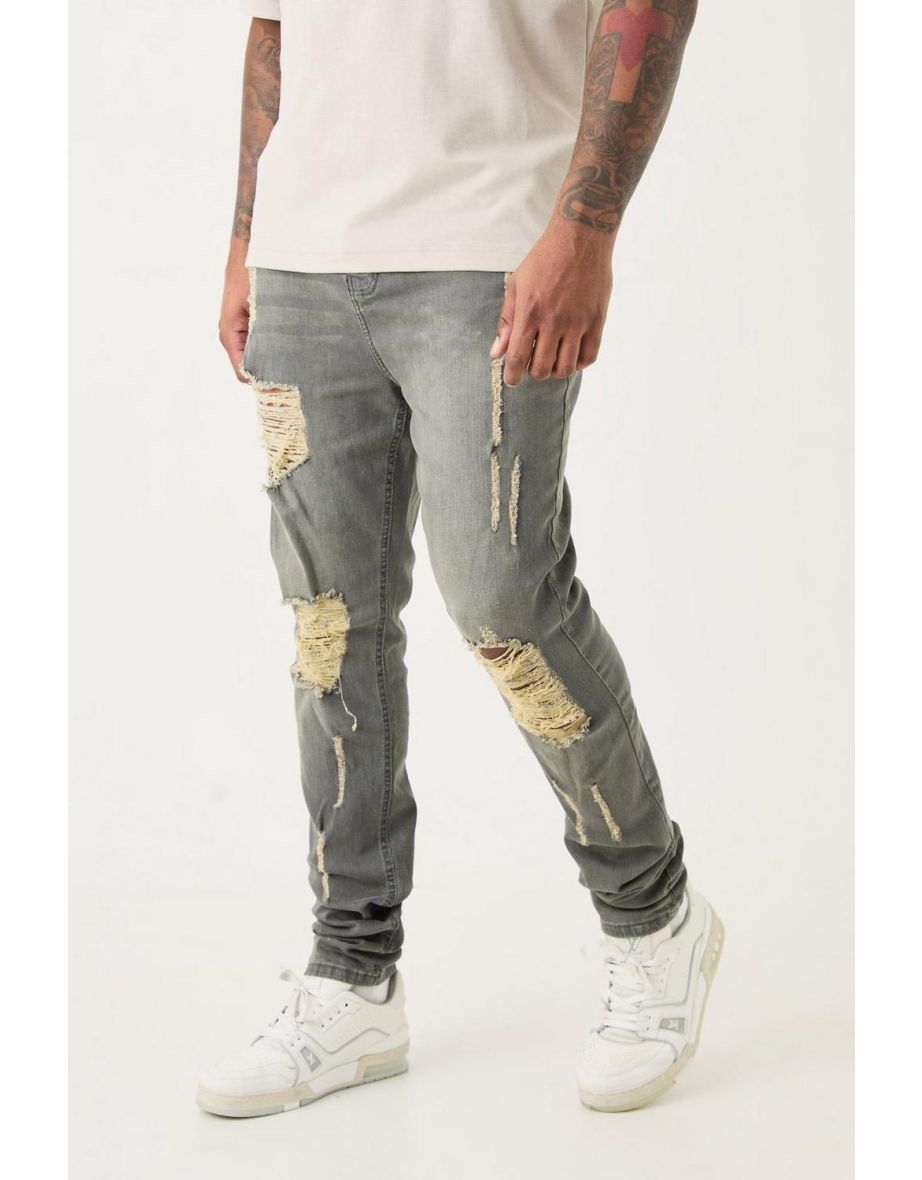 Plus Super Skinny Stretch Multi Rip Stacked Jeans - grey