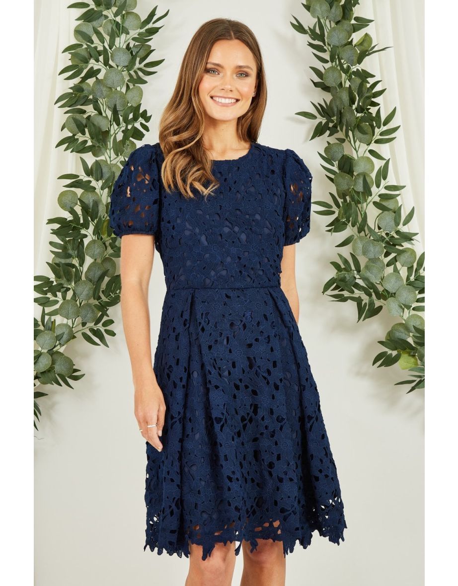 Shop Yumi Navy Lace Skater Dress With Puff Sleeves Online in Bahrain VogaCloset