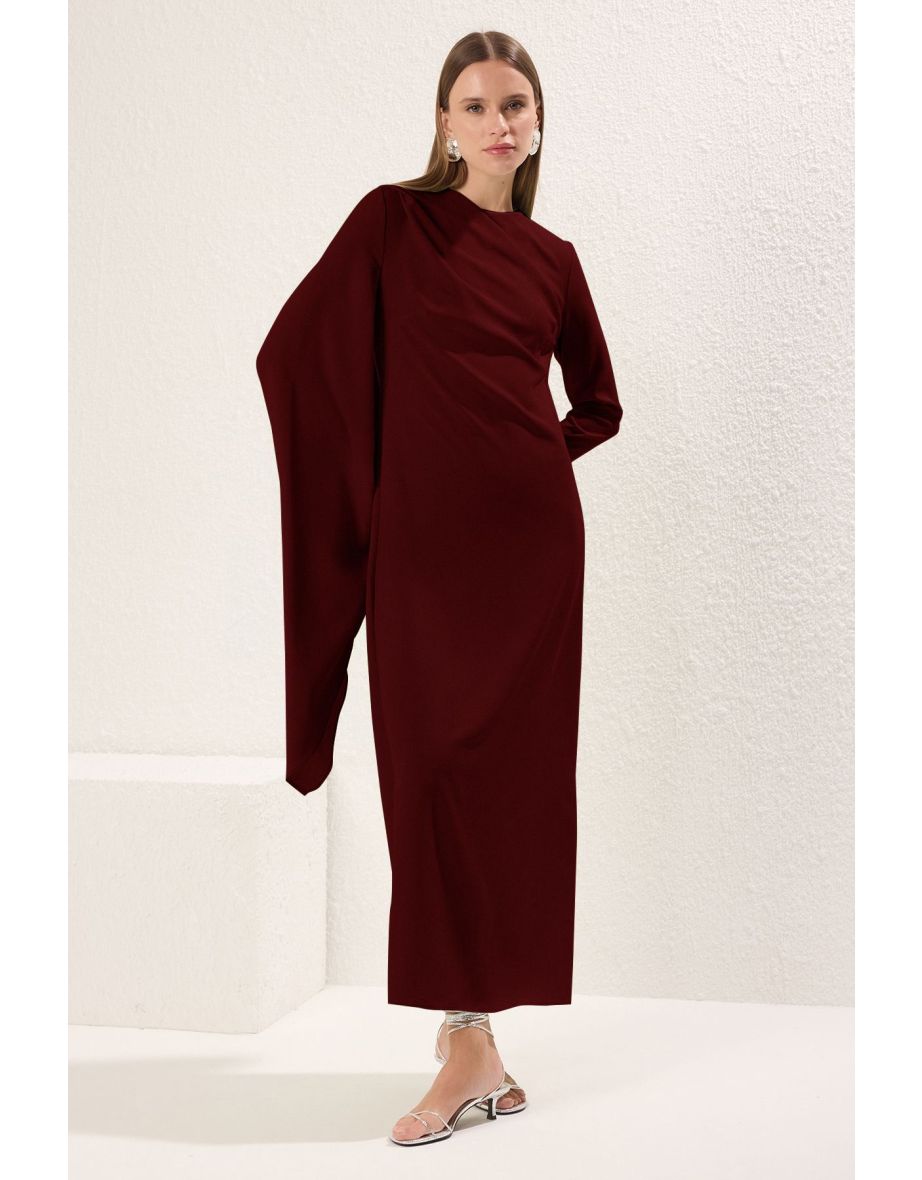Burgundy Shawl Detailed Lined Evening Dress