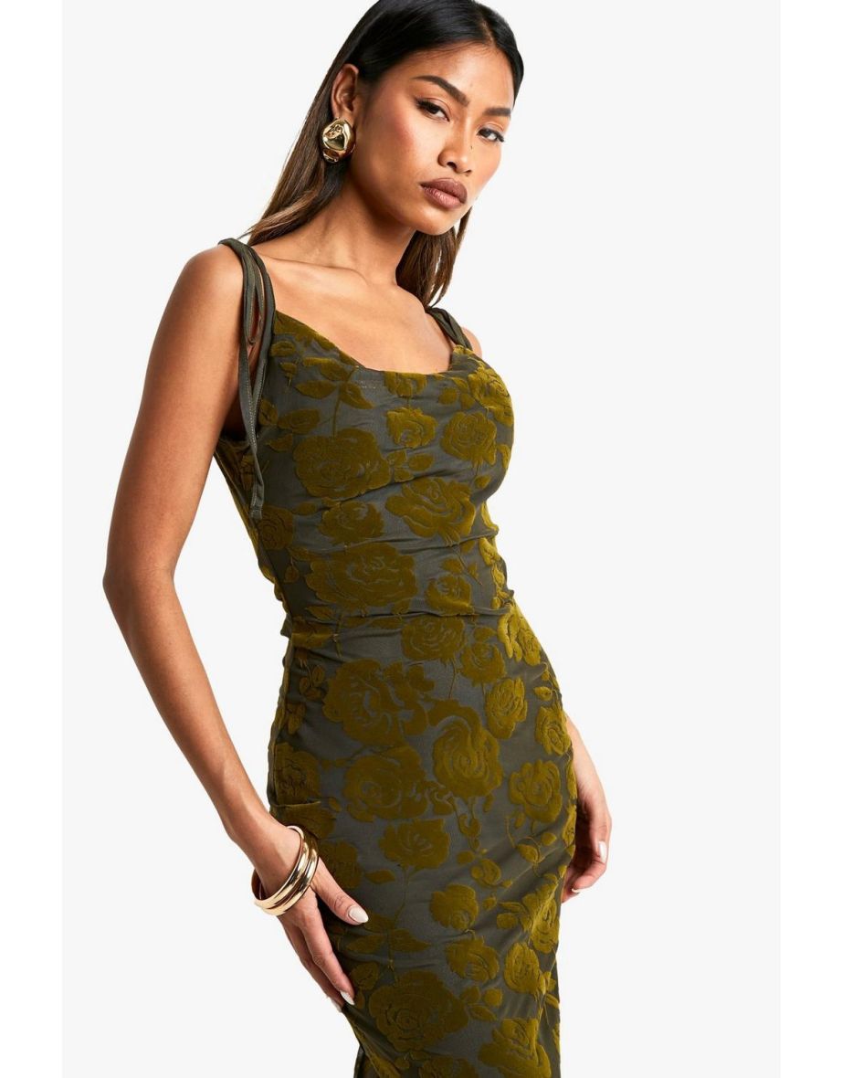 Tie Detail Devore Cowl Floor Length Dress - khaki - 3