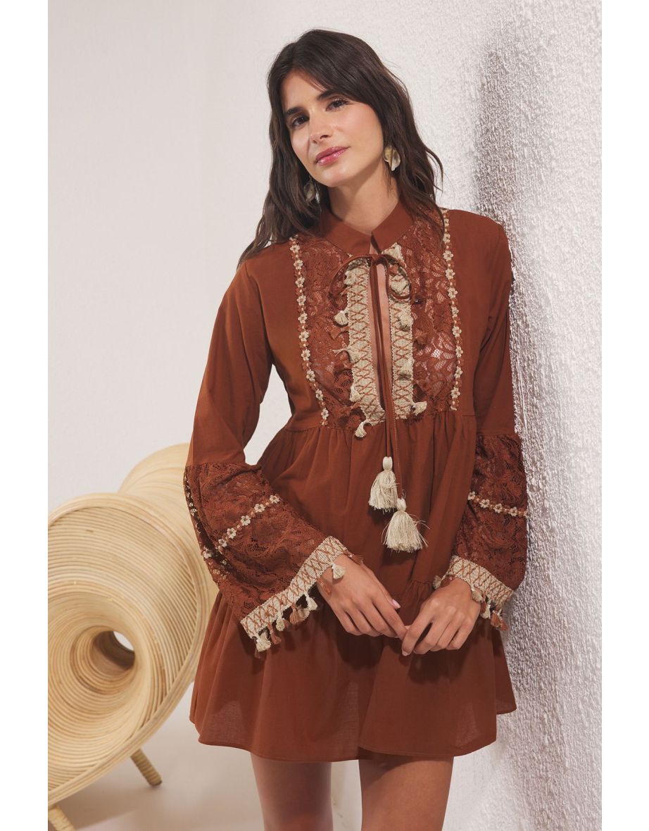 Dark Brown Woven 100% Cotton Lace Mini Beach Dress