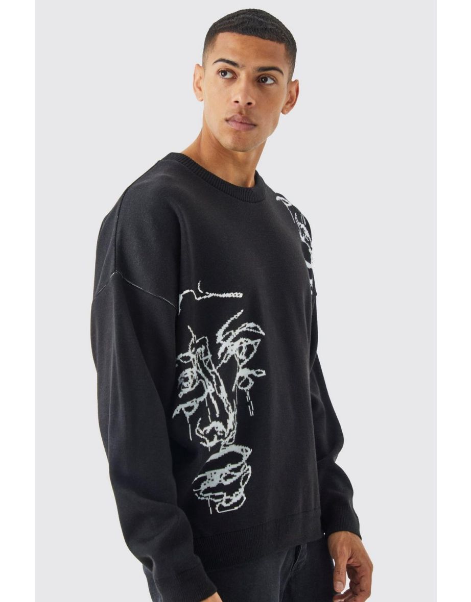 Oversized Drop Shoulder Line Drawing Knit Jumper - black