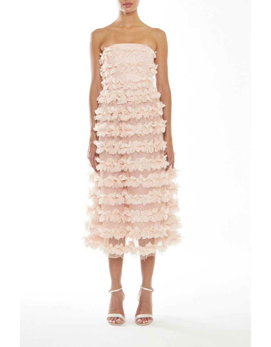 Sarah Nude 3D Applique Boned Bandeau Midi-Dress