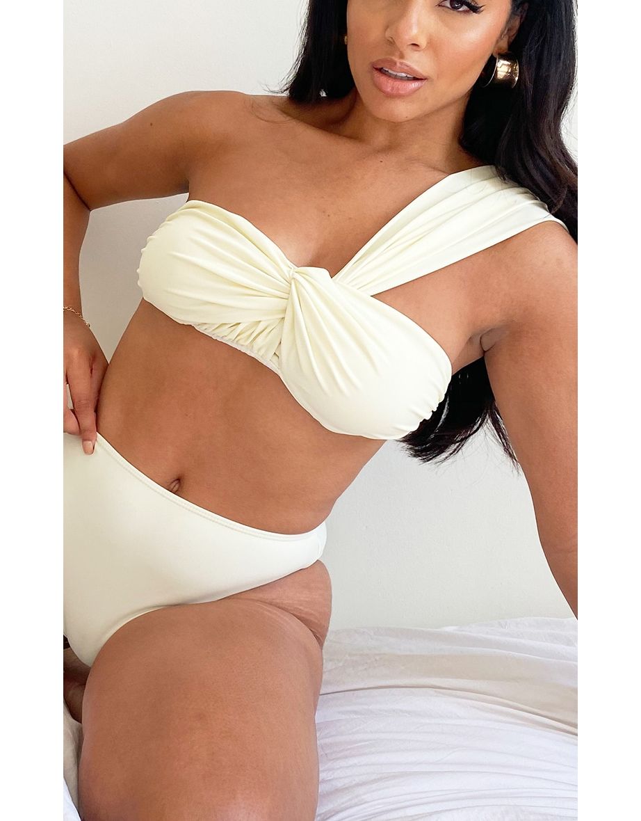 Cream Padded Tie One Shoulder Bikini Top - 2