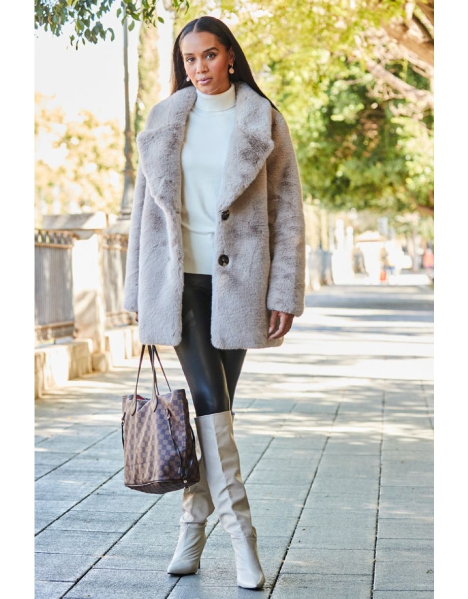Taupe Premium Faux Fur Coat With Button Detail