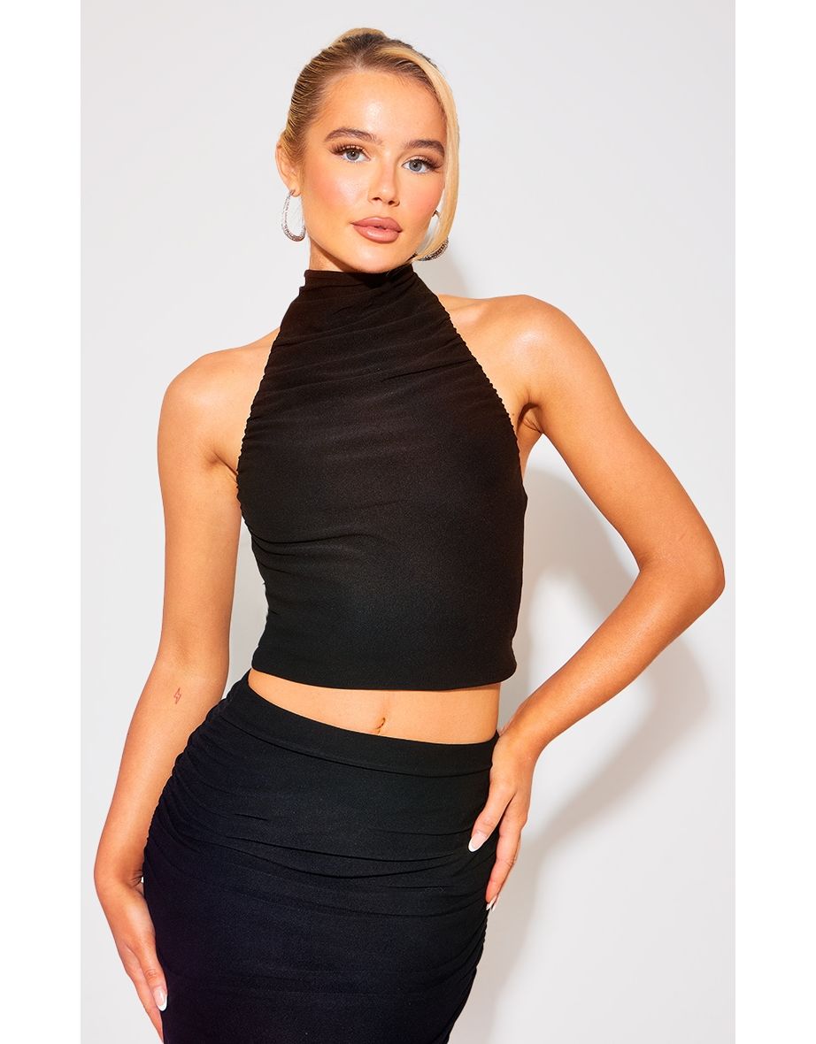 Black Soft Touch Ruched Halterneck Crop Top