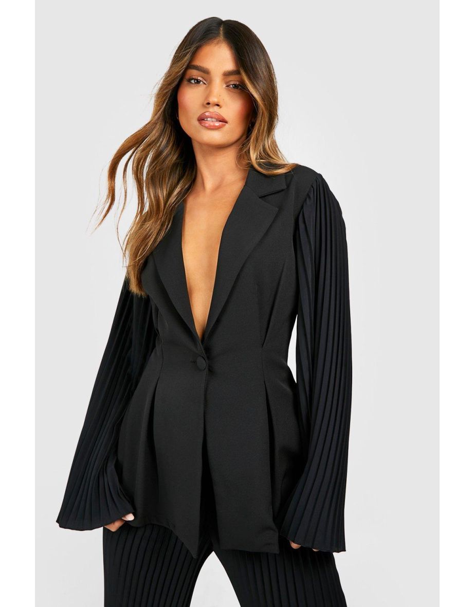 Pleated Flared Sleeve Tailored Blazer - black