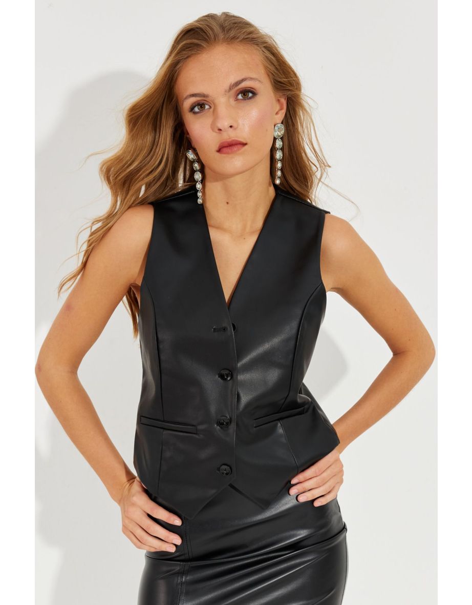 Women's Black Leather Waistcoat