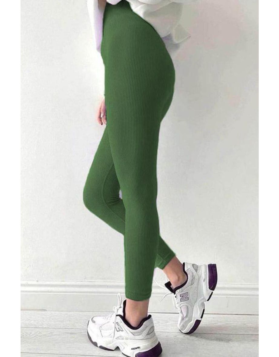 Khaki High Waist Women's Ribbed Leggings
