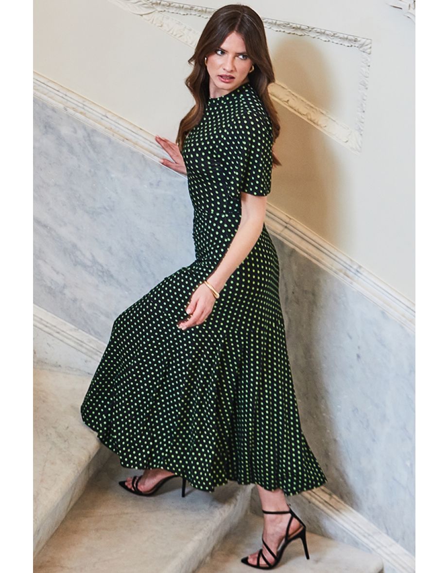 Black & Green Spot Print Keyhole Detail Jersey Dress - 4