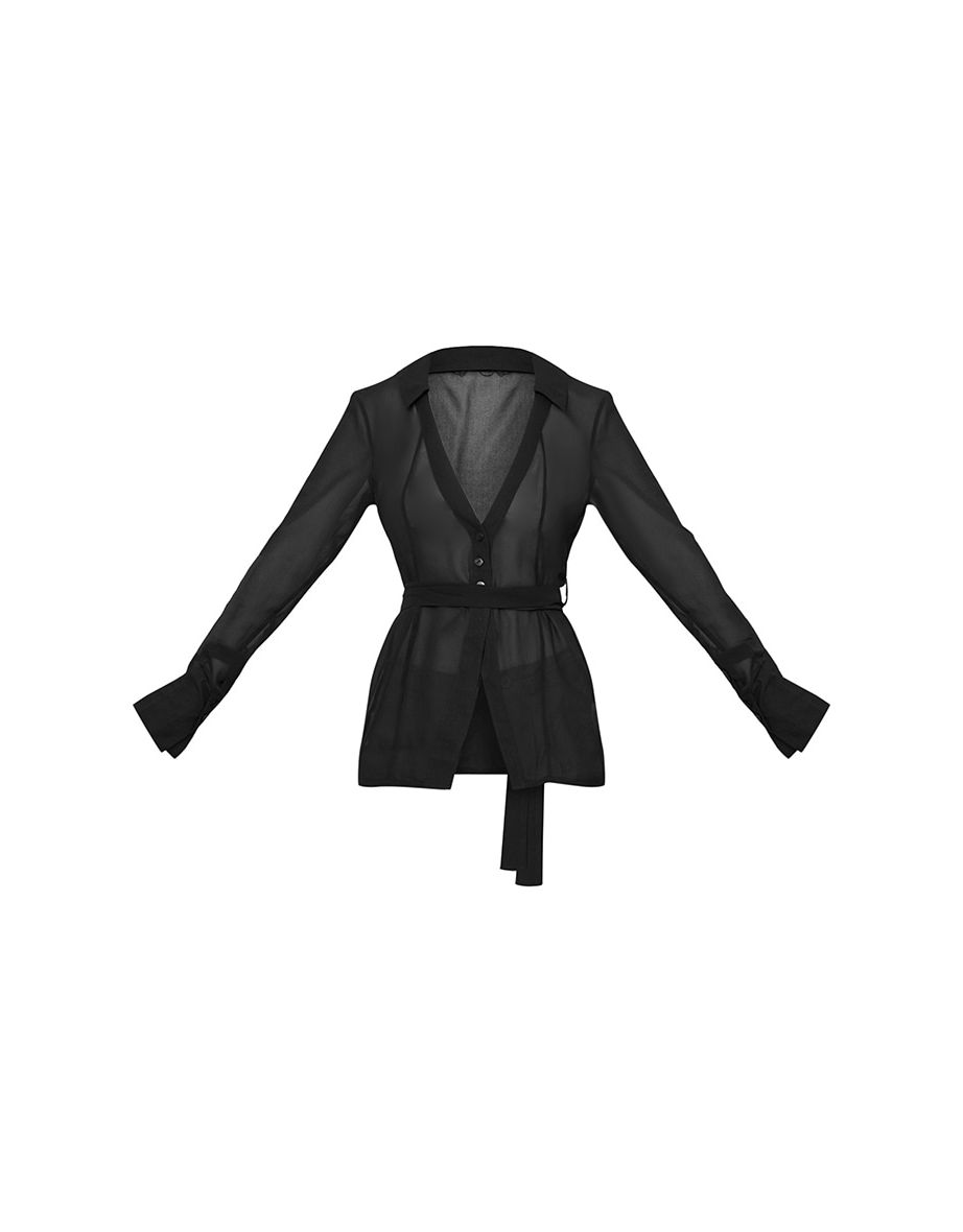 Black Sheer Wrap Tie Fitted Shirt - 4