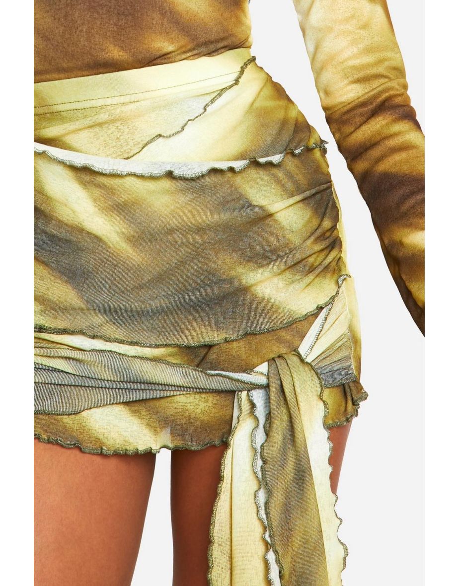Printed Textured Mesh Long Sleeve Bodysuit And Tie Front Drape Micro Skirt - yellow - 3
