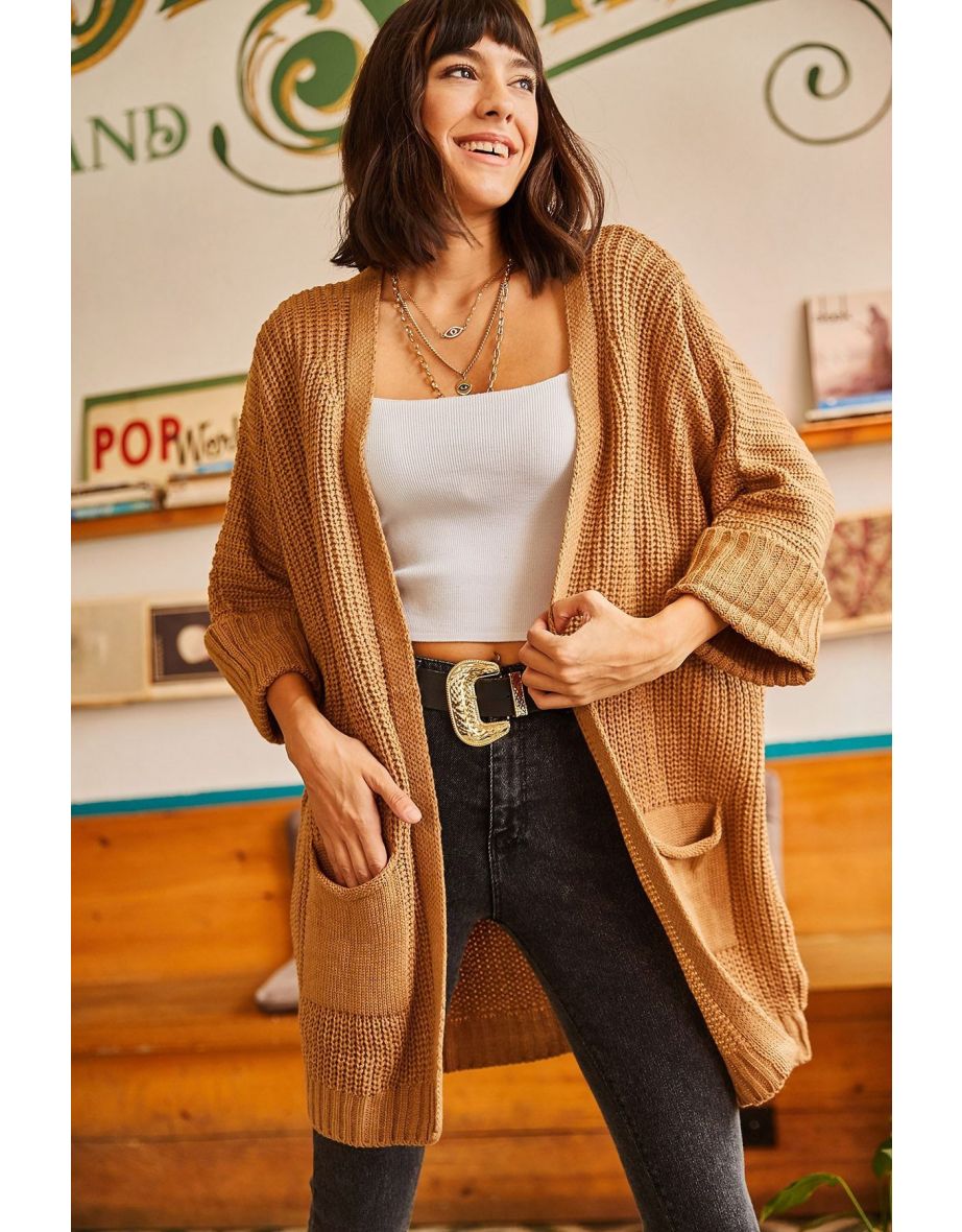 Women's Camel Folded Sleeve Loose Knitwear Cardigan With Pocket