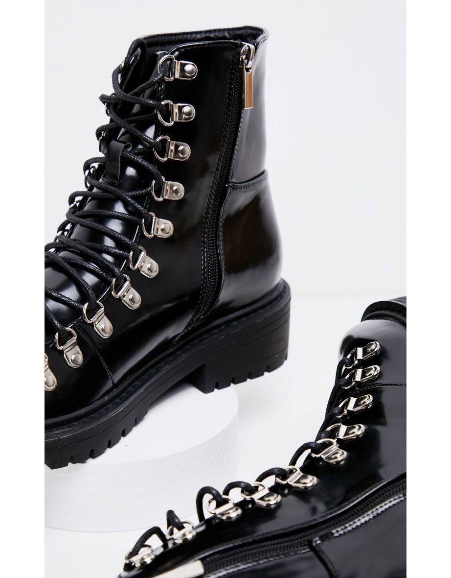 Black Cleated Sole Hiker Eyelet Ankle Boot - 3