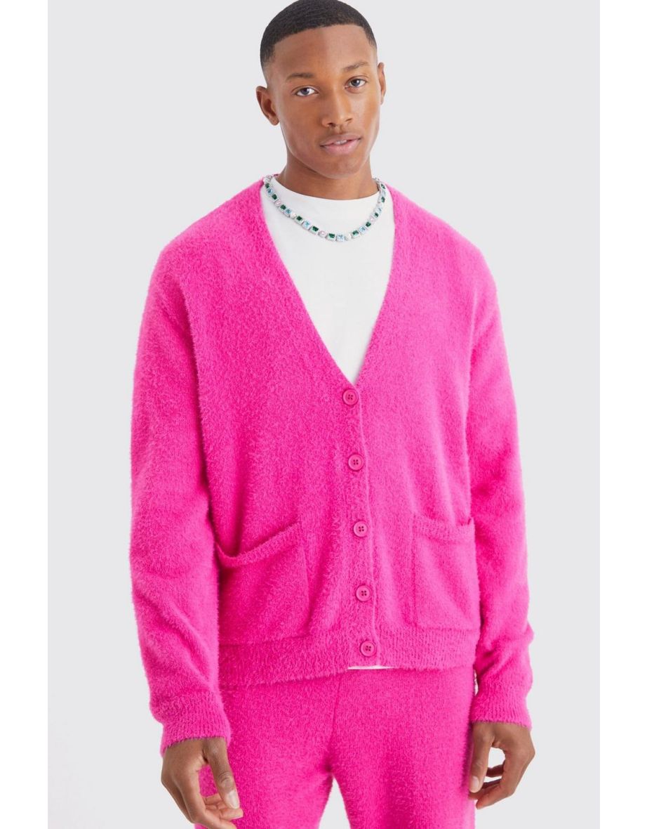 Boxy Fluffy Knitted Cardigan - hot pink - 2
