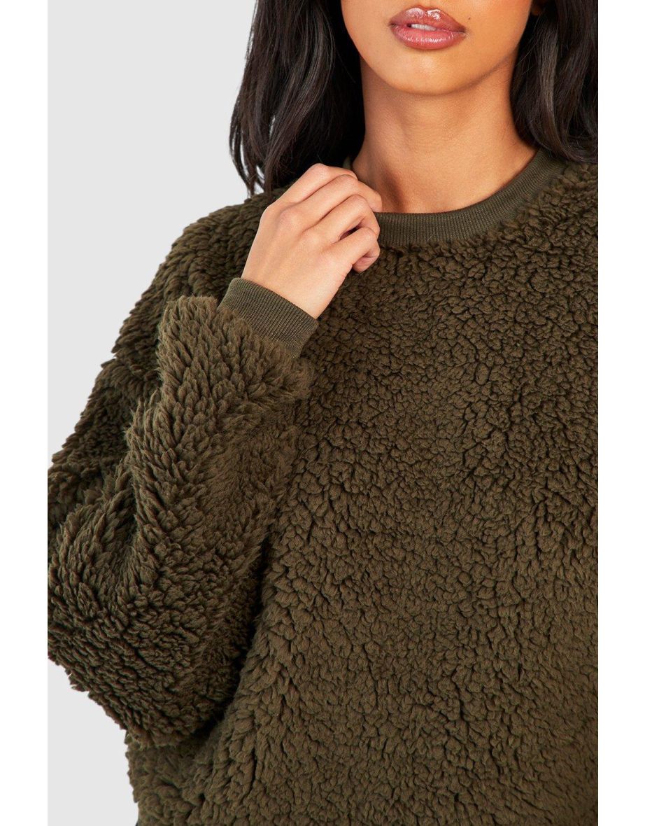 Petite Crop Crew Neck Borg Top - 3