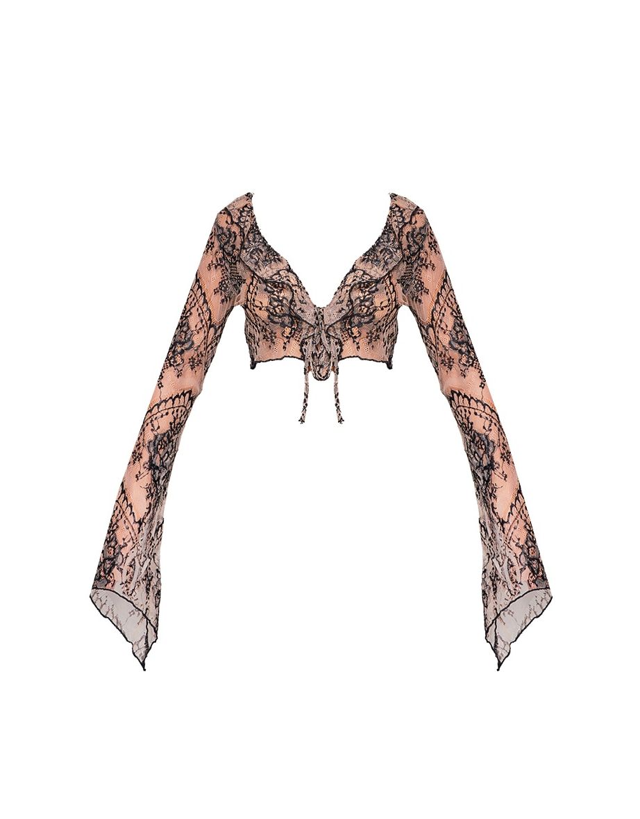 Beige Tie Front Lace Extreme Crop Top - 4