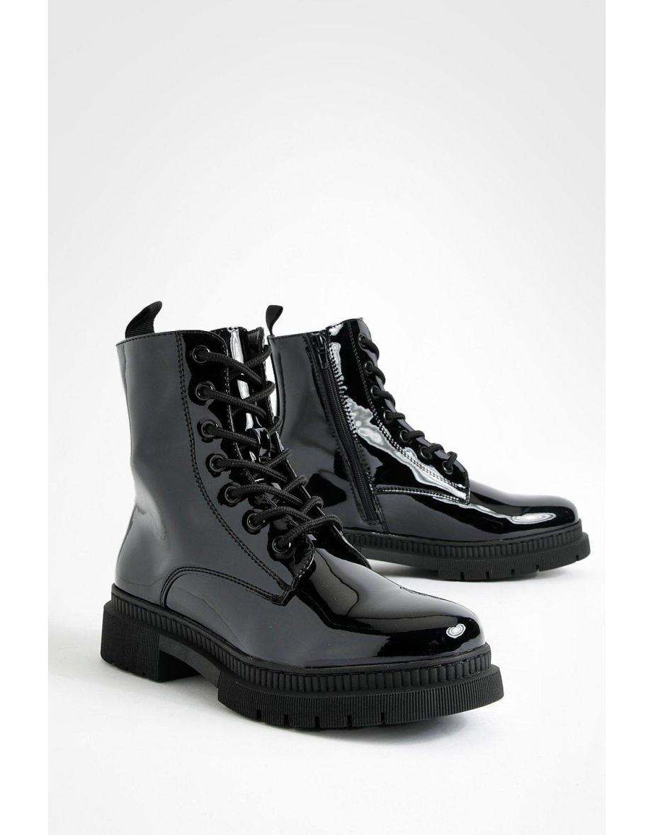 Basic Patent Lace Up Hiker Boots - black