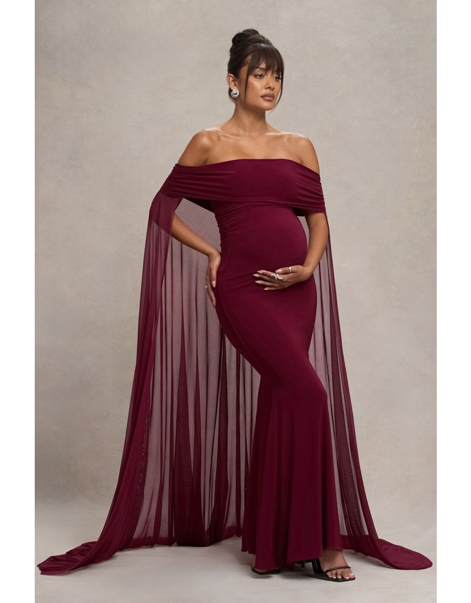 Carlotta | Berry Bardot Maternity Maxi Dress With Chiffon Cape
