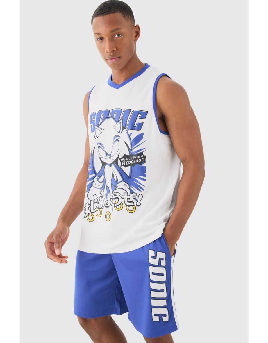 Oversized Sonic The Hedgehog License Mesh Vest And Short Set - blue - 2