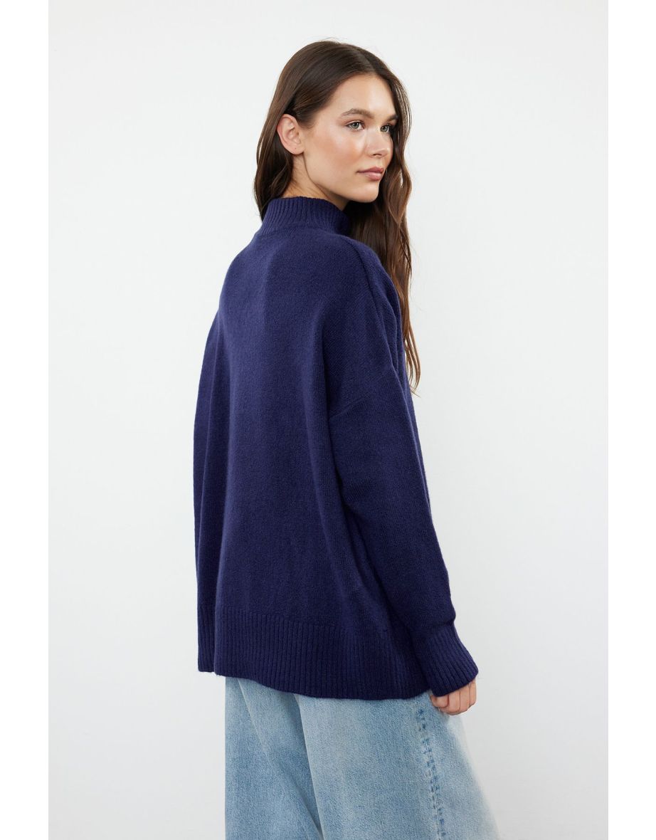 Navy Blue Wide Fit Soft Textured High Collar Knitwear Sweater - 6