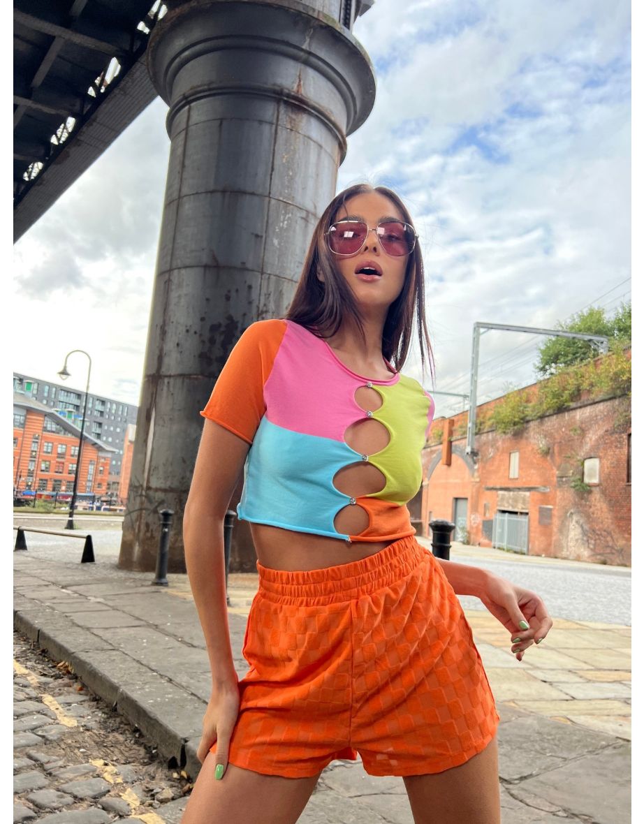 Orange Checkerboard Patch Pocket Track shorts