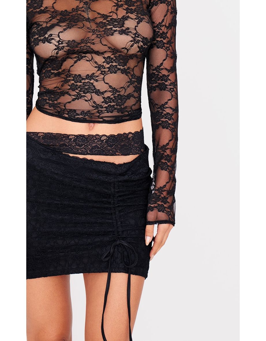 Black Lace Ruched Detail Mini Skirt - 2
