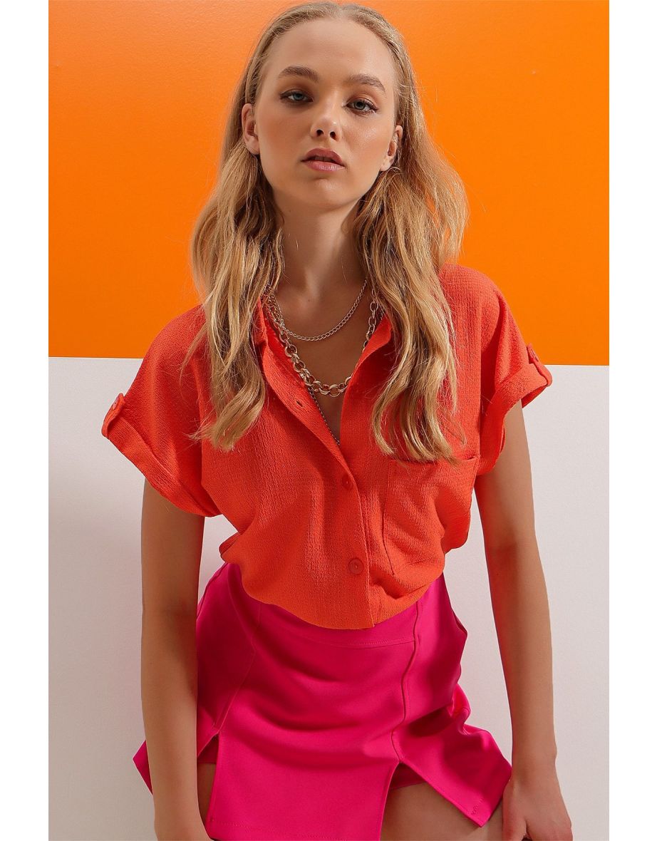 Women's Orange Double Cuffed Short Sleeve Textured Shirt