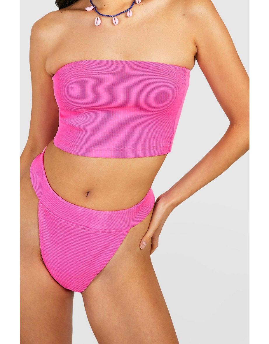Ribbed Bandeau And Tanga Pant Set - neon-pink - 2