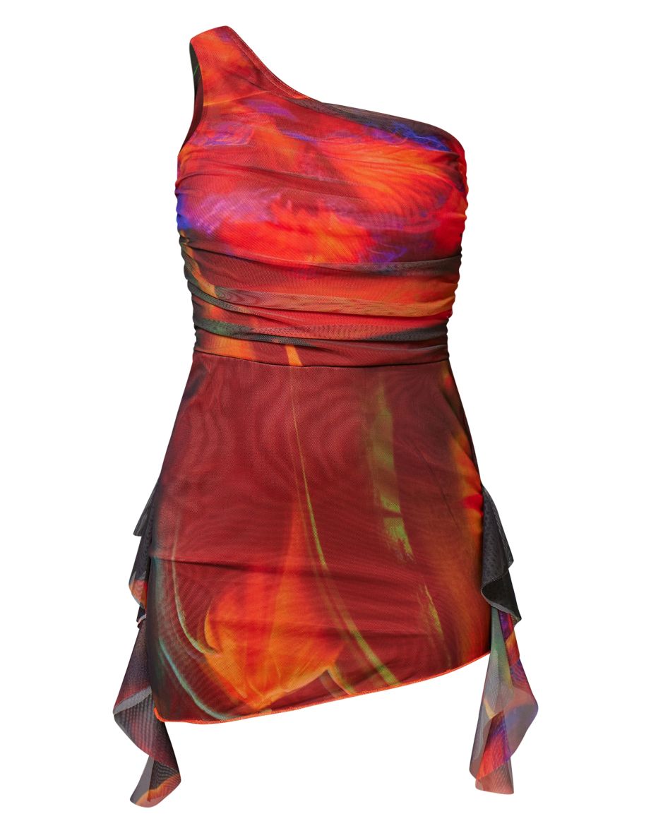 Deep Orange Abstract Print Mesh One Shoulder Bodycon Dress - 4