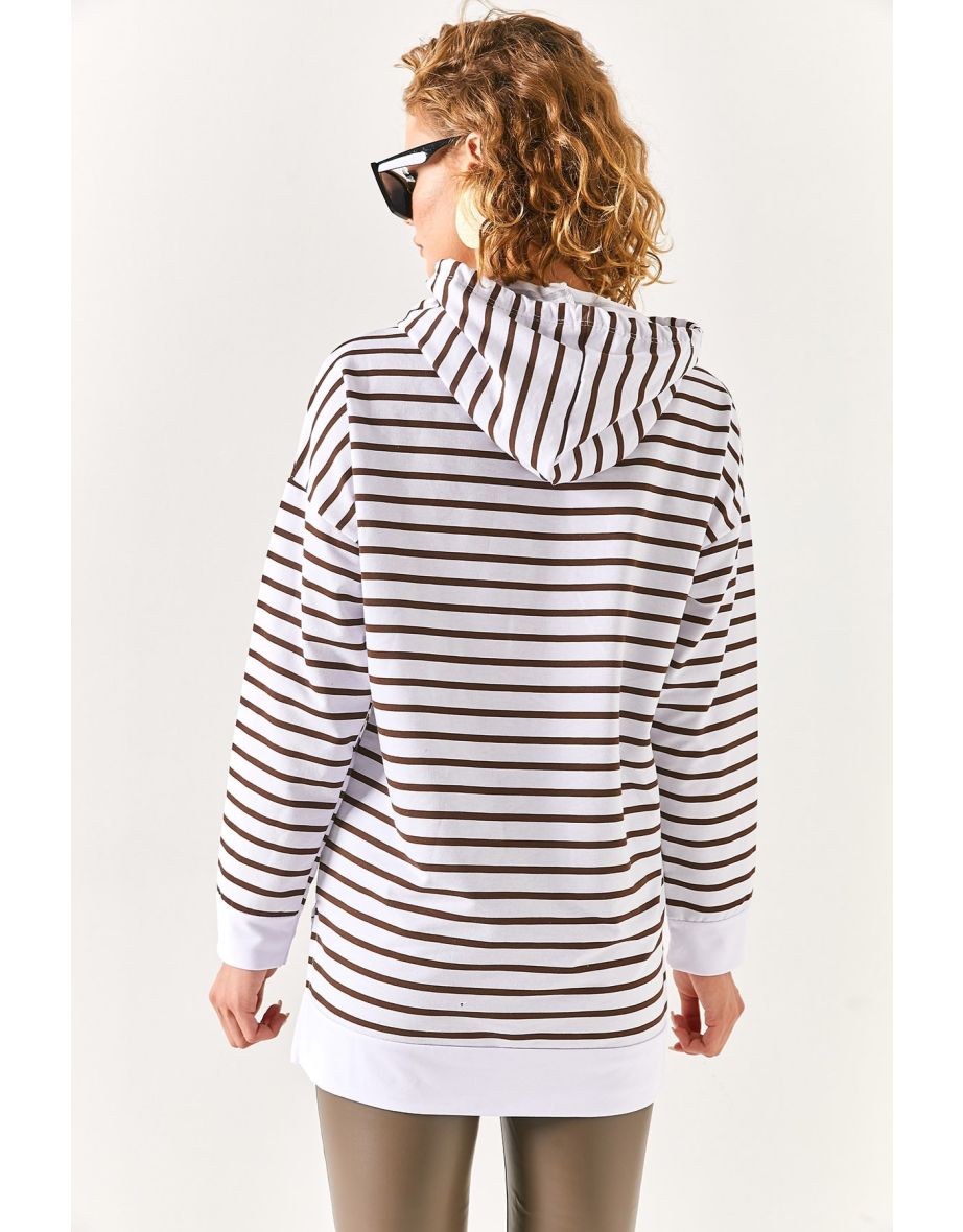 Women's Bitter Brown White Hooded Striped Sweatshirt with Side Slits - 5