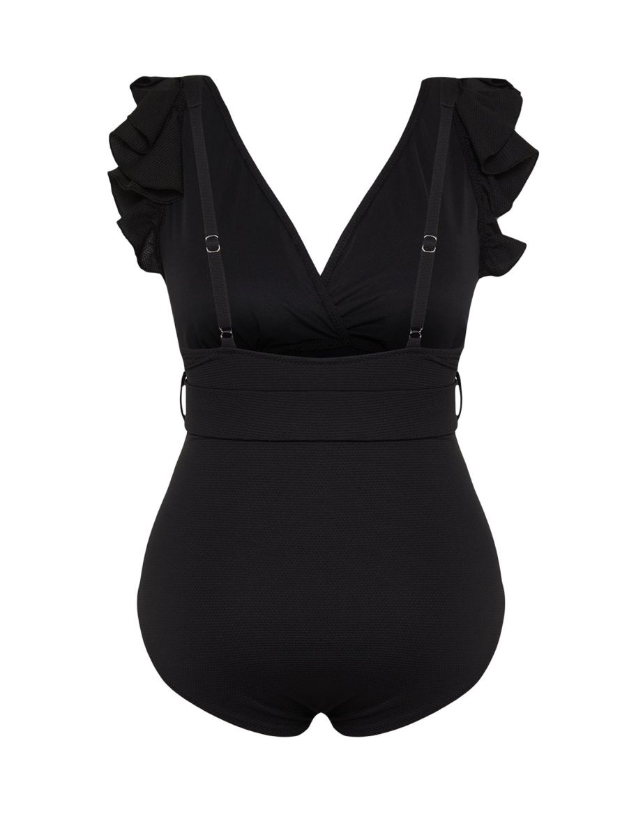 Black Deep V Belt Knitted Swimsuit - 7