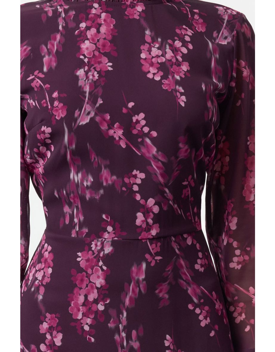 Plum Floral Patterned A-Line Stand Collar Midi Lined Chiffon Woven Winter Dress - 4