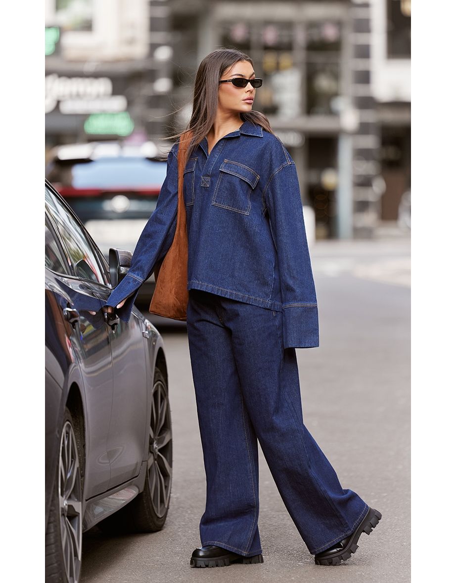 Indigo Pocket Detail Open Long Sleeve Shirt