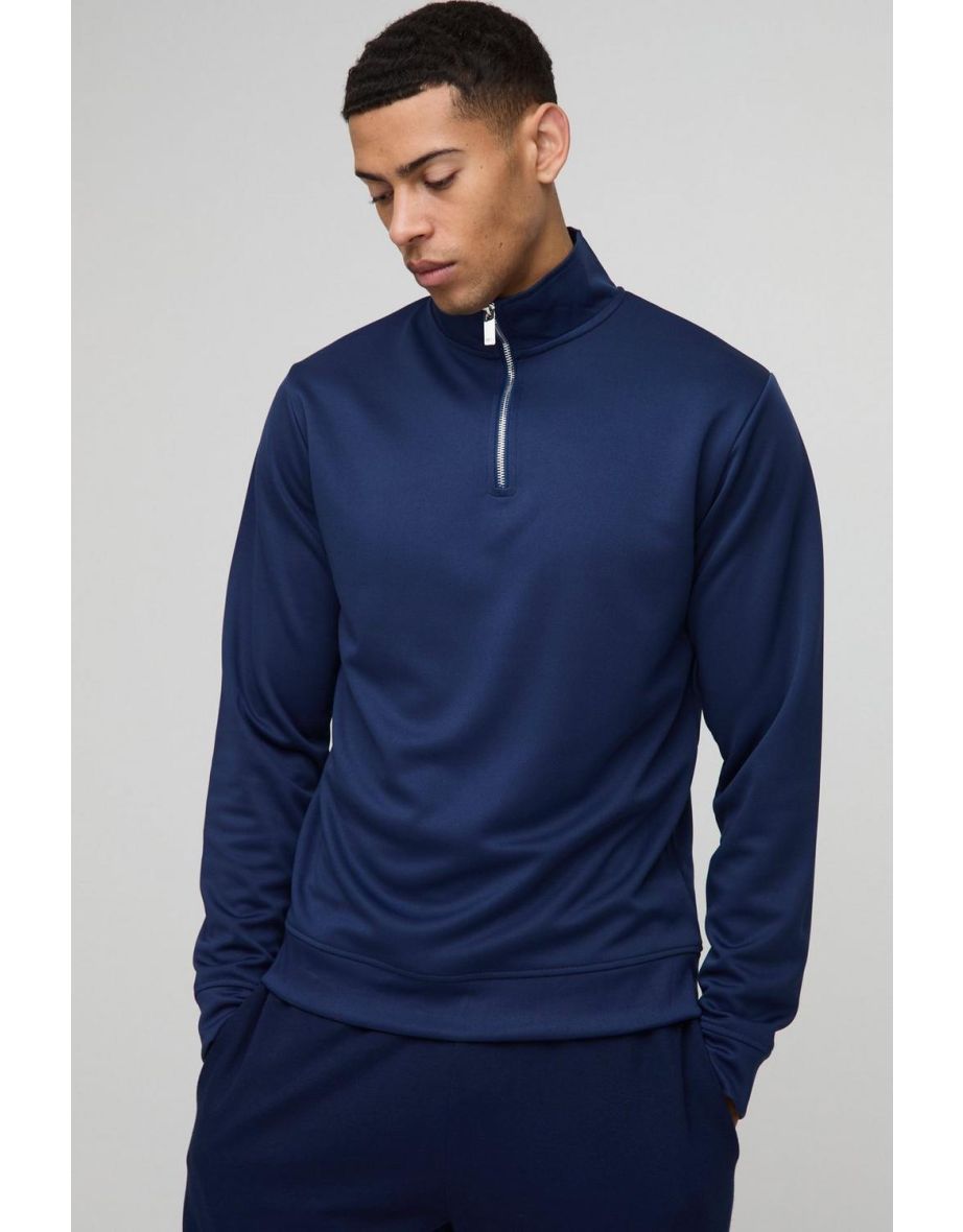 Slim Fit Basic Interlock Funnel Neck Sweatshirt - navy